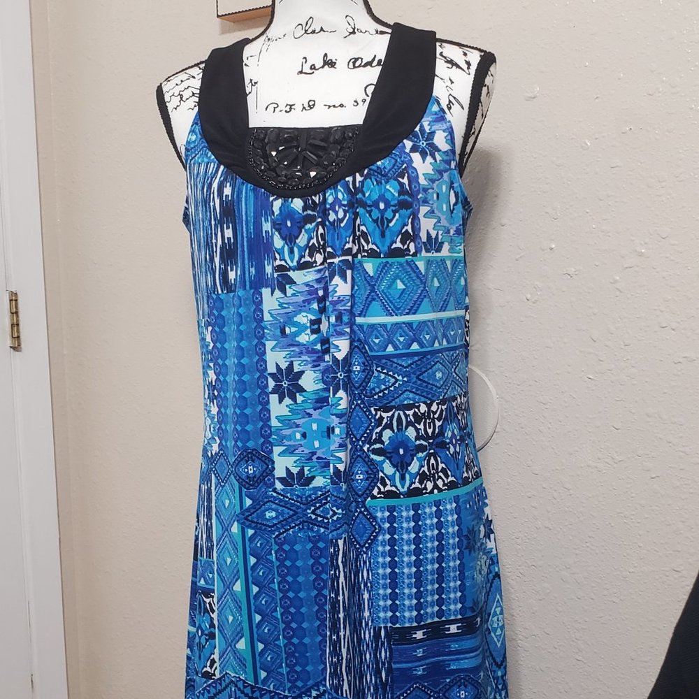 Blue & White Sleeveless Summer Dress with Beaded Embellishment by Notations